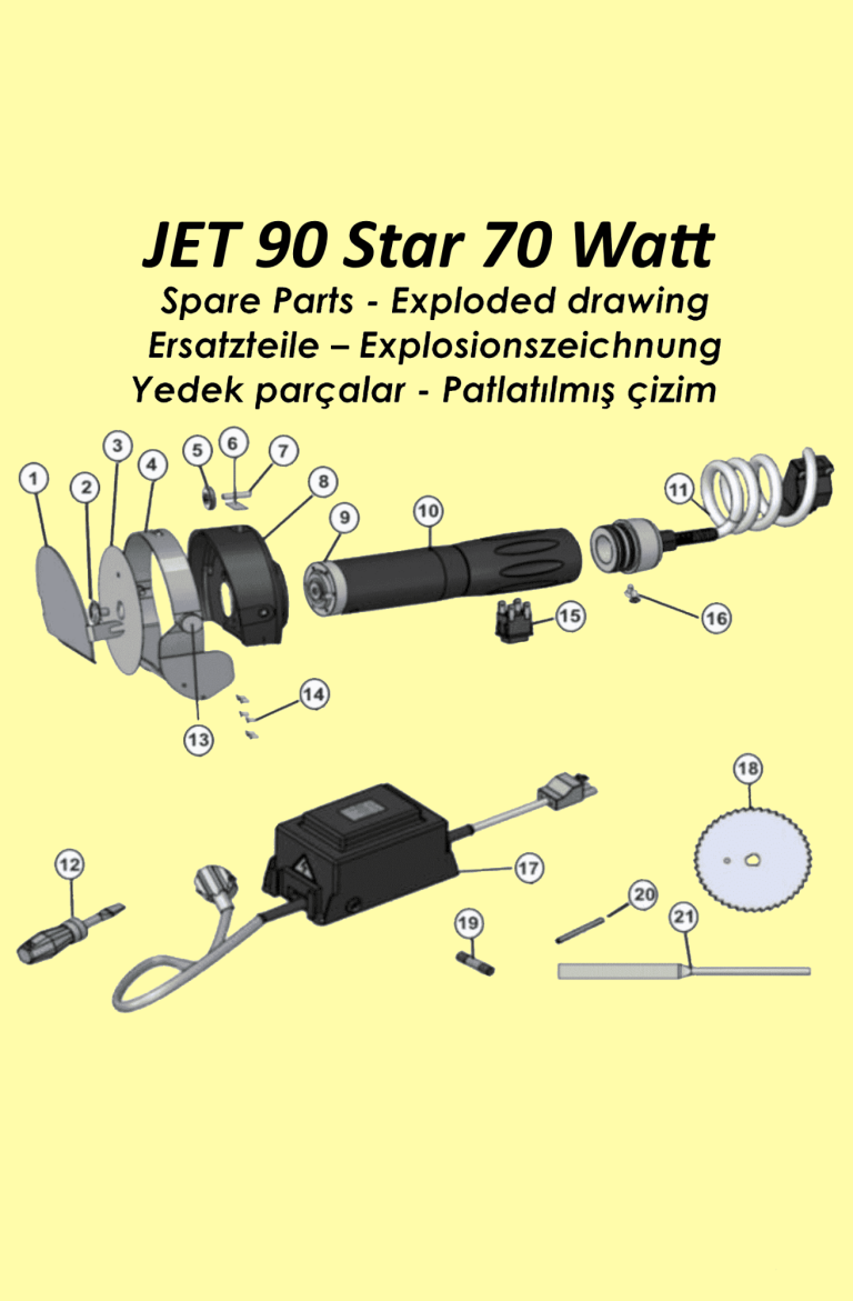 Ersatzteilzeichnung für JET 90 Star 70 Watt mit Beschriftungen der Teile.