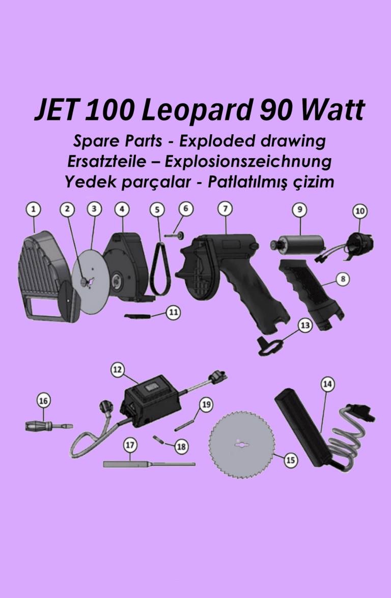 Diagramm von JET 100 Leopard 90 Watt mit Ersatzteilen und Explosionszeichnung.