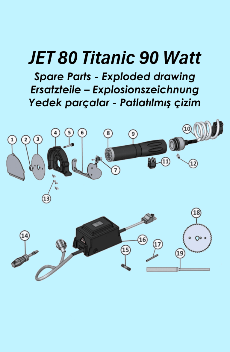 Explosionszeichnung des JET 80 Titanic 90 Watt mit Bauteilen und Zubehör.