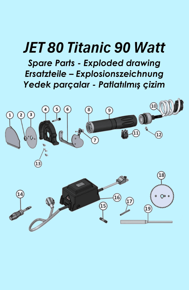 Explosionszeichnung des JET 80 Titanic 90 Watt mit Einzelteilen und Zubehör.