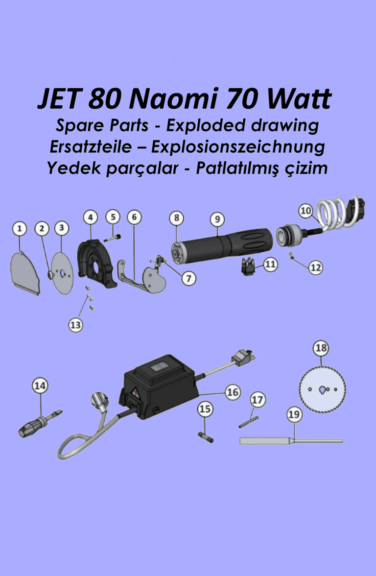 Explosionszeichnung der Komponenten des JET 90 Naomi 70 Watt Geräts.